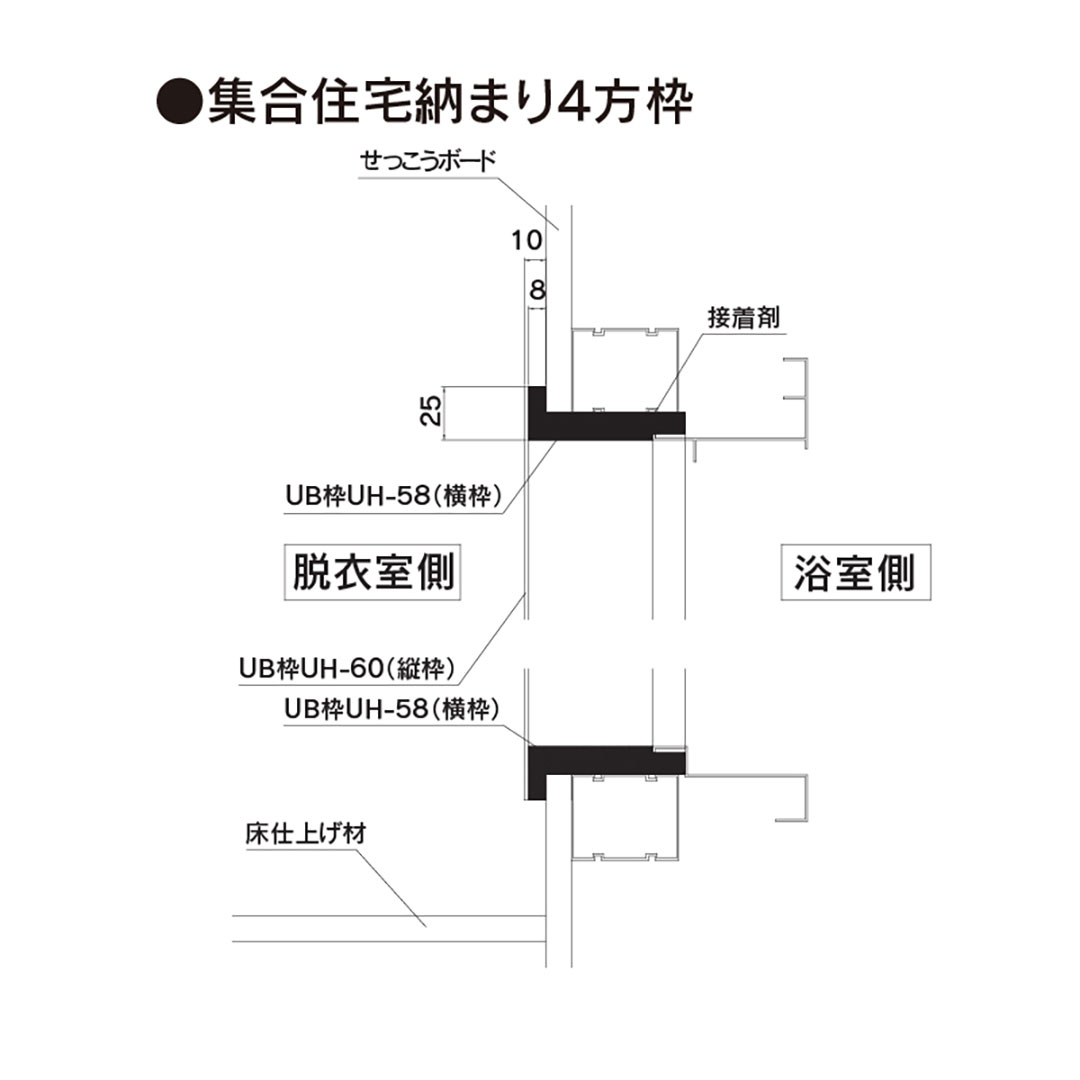 樹脂開口枠 UB枠 縦枠 UH-70（合板なし）長さ2000 UH7H20【ケース販売】10本入 樹脂枠 浴室建材 フクビ化学工業